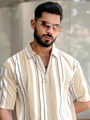 Stripe Beige Polo T-Shirt-S / Beige