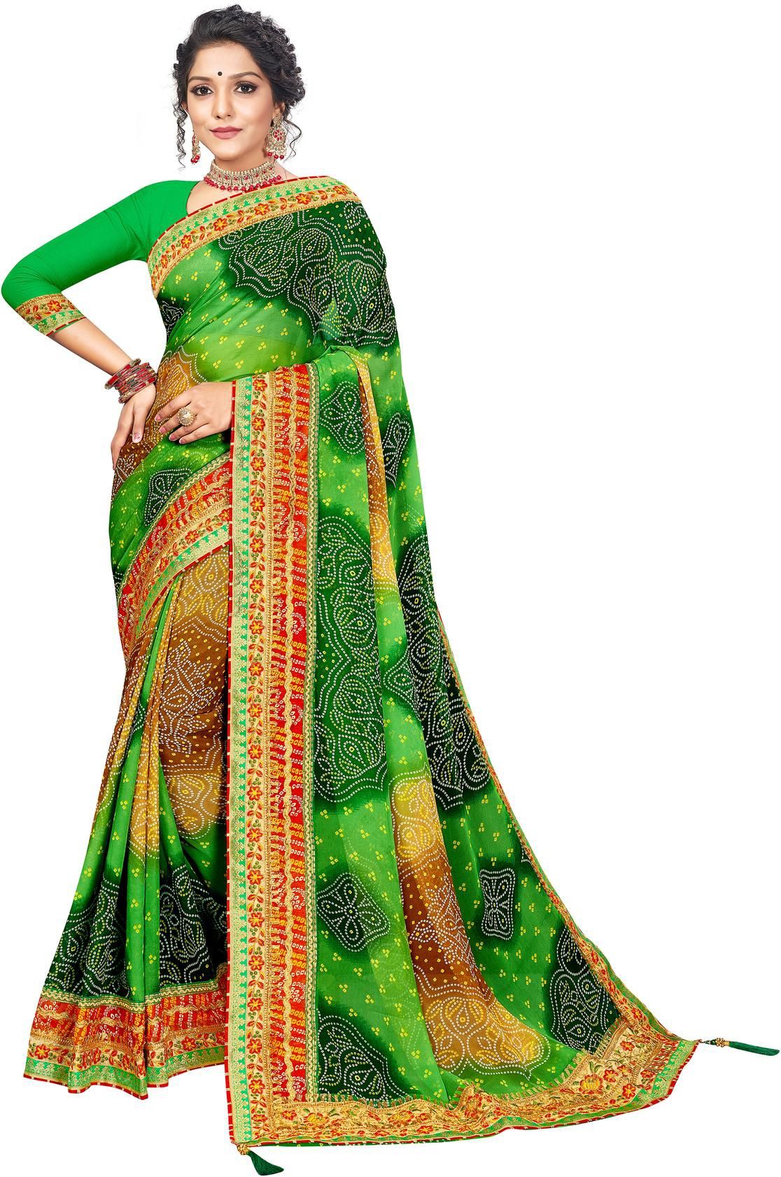 ANSH Womens Georgette Bandhani Saree length (5.5m) & Blouse Piece Size (0.8m) (Green)