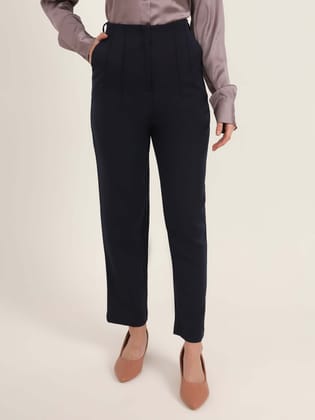 Women'S Luxury Banana Crepe Navy Skin Fit With Multi Pleated Trouser-30