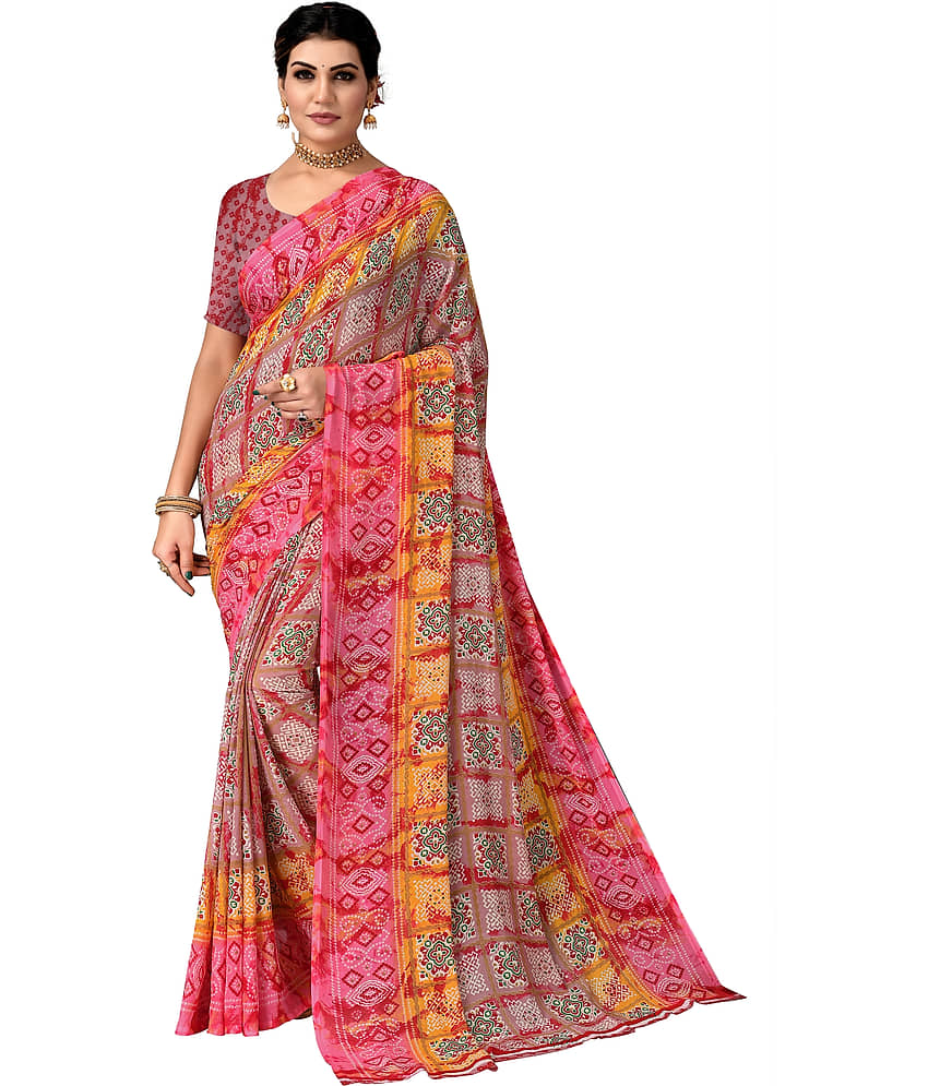 Kanooda Prints Georgette Printed Saree With Unstitched Blouse Piece ( Pink )