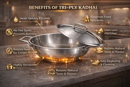WEKTU Premium Tri-Ply Stainless Steel Kadhai with Lid - Induction & Gas Compatible, Mirror Finish