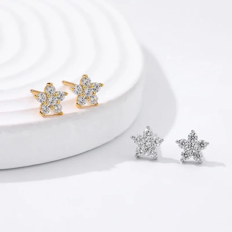Five Petal Flower Stud Earring-Rhodium plated