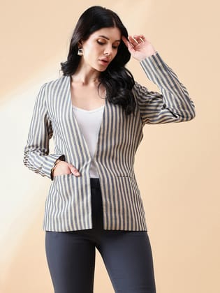 Stripe Poly Linen Blazer - Navy and Beige-S