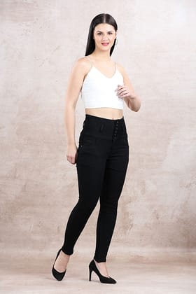 Hi-Waist 6 Button Jeans with stylish pocket-Black / S