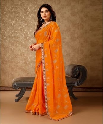 Women's Zomto Patta Chiffon Saree with Unstitched Blouse (Yellow, 5-6 Mtrs)