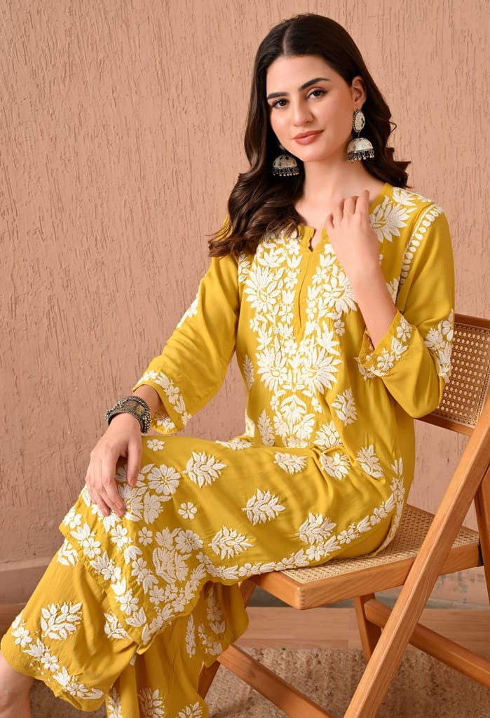 Hand Embroidered Chikankari Plazo Set with 3d Work-Mango yellow