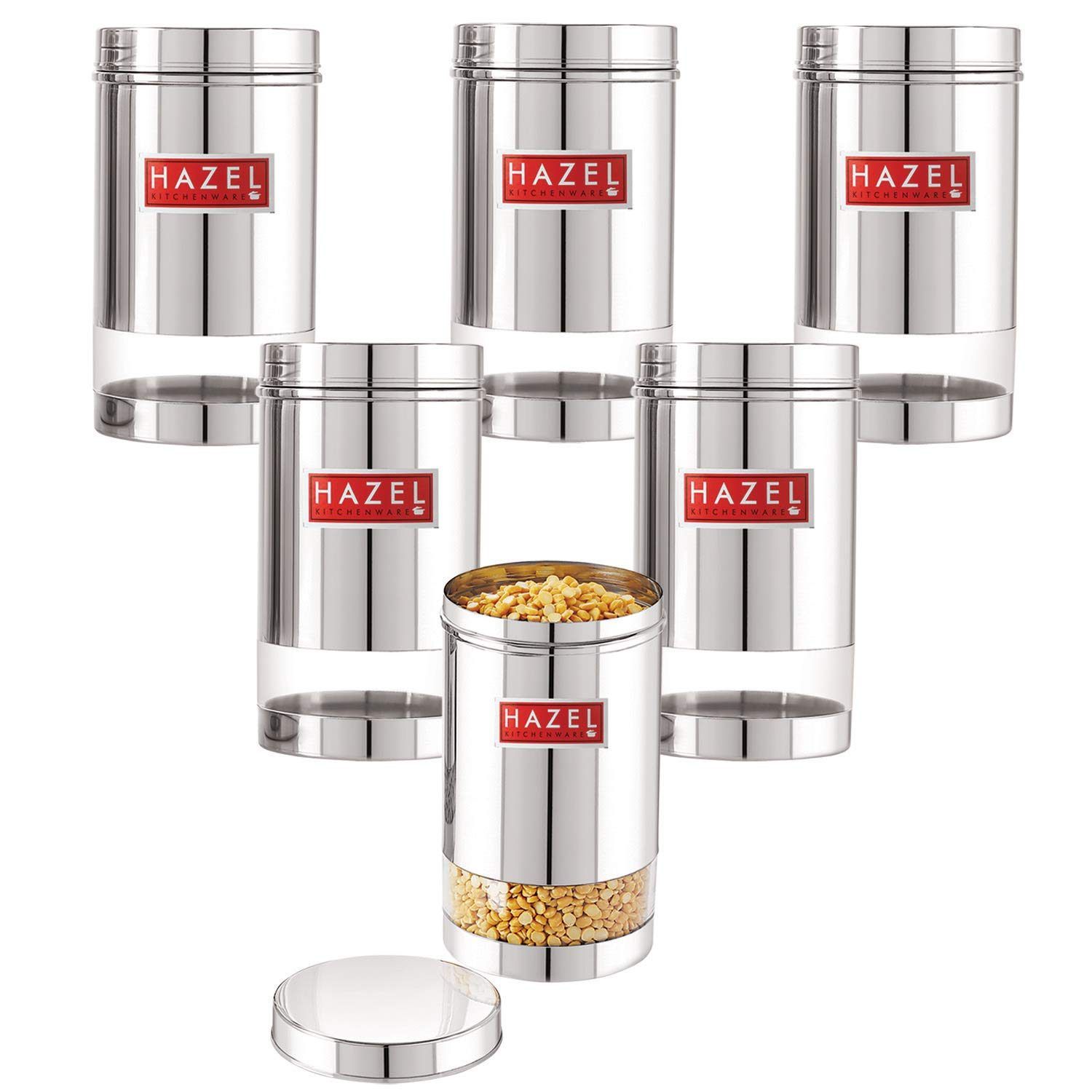 HAZEL Stainless Steel Kitchen Container, 1200 ml Each Transparent Kitchen Container Set with Glossy Finish , Multipurpose Airtight Container for Kitchen Storage organizer, Set of 6