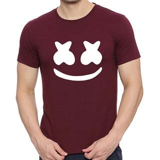 HIT SQUARE Marshmello logo Maroon Pure Cotton Round Neck Printed For Men