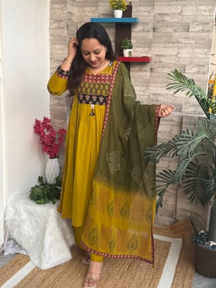 Multi Yellow Mustard Aline 3 piece premium Cotton Suit Set- Mustard-M-38