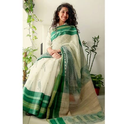PARROT PRINT WHITE COLOR LINEN DIGITAL PRINTED SAREE  1524