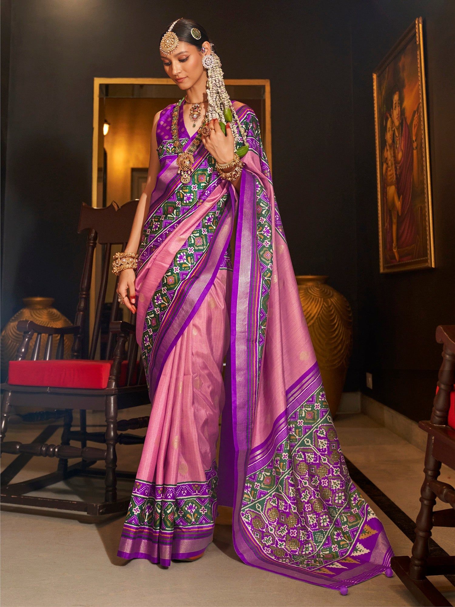 Light Pink Pure Sigma Silk Woven Designed Printed Patola Saree