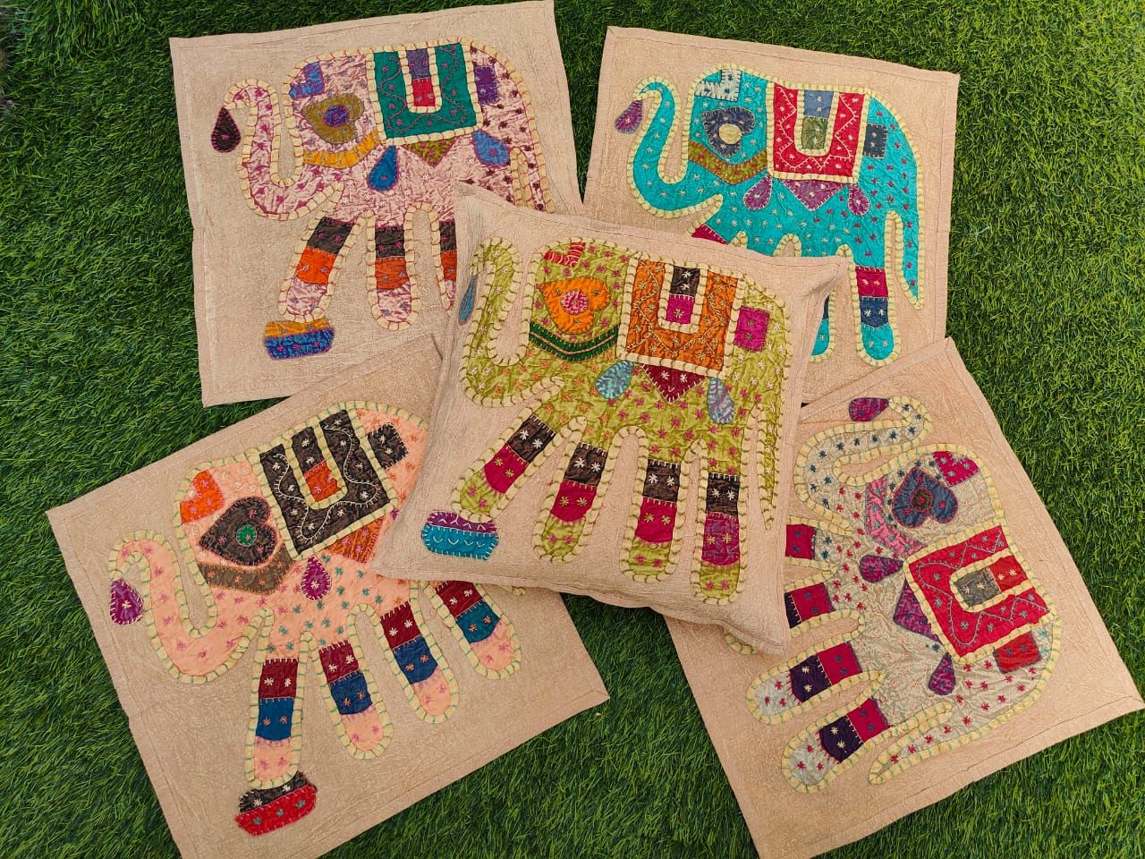 Khamma Ghani Tan Elephant Patchwork Cotton Cushion Covers-Set of 2