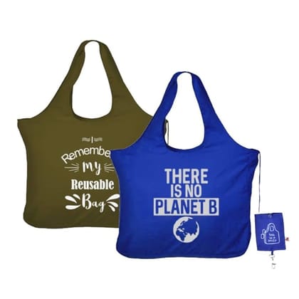 IVILLAGE Reusable Foldable Fabric Tote Bag Green Blue Pack of 2
