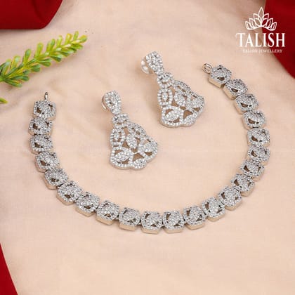 Elegant Silver-Plated American Diamond Necklace Set with Intricate Leaf and Square Designs