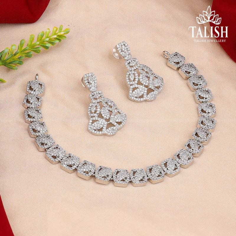 Elegant Silver-Plated American Diamond Necklace Set with Intricate Leaf and Square Designs