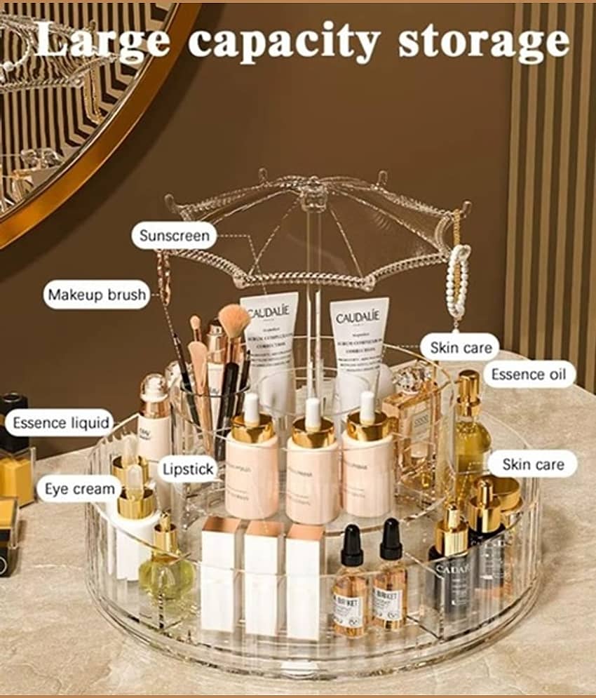Plastic Multi Purpose Umbrella-Shaped 360° Round Dust-Proof Transparent 2-Layer Rotating Cosmetic Organizer For Brush / Make Up / Cosmetic / Lipstick / Perfume / Skincare / Make Up Organiser Rack Stand - Transparent