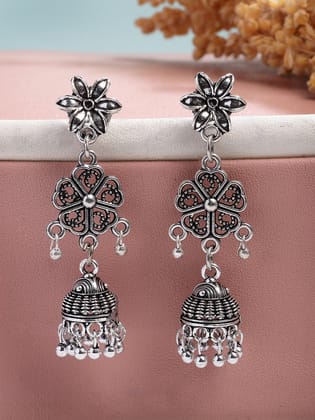 NVR Women Silver Toned Oxidized Floral Design Jhumka Earrings-One Size / Silver / German Silver
