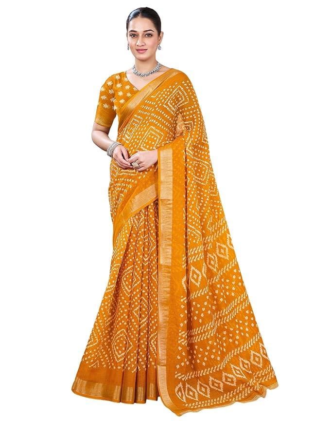 Cotton Linen Bandhani Printed Saree with Unstitched Blouse Piece