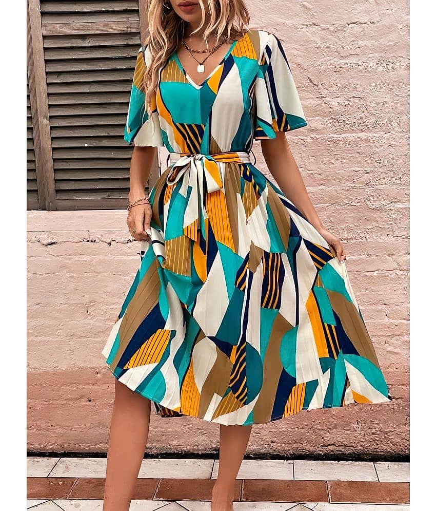 ZWERLON Women Polyester Printed Fit & Flare Dress ( Yellow )