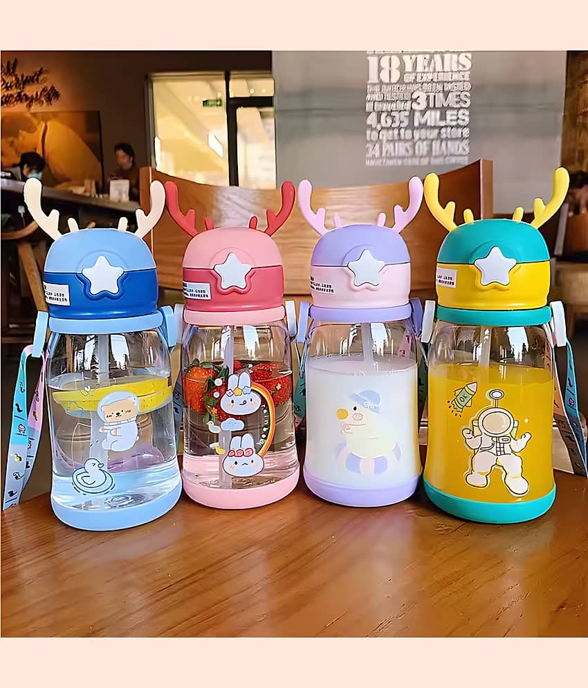 SARVASHVA TRENDS Cartoon Water Bottle with Straw Multicolour Plastic School Water Bottle 600 mL ( Set of 1 )
