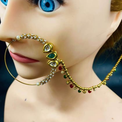 ZEVAR I Gold-Plated & Kundan Studded Chained Nose Ring