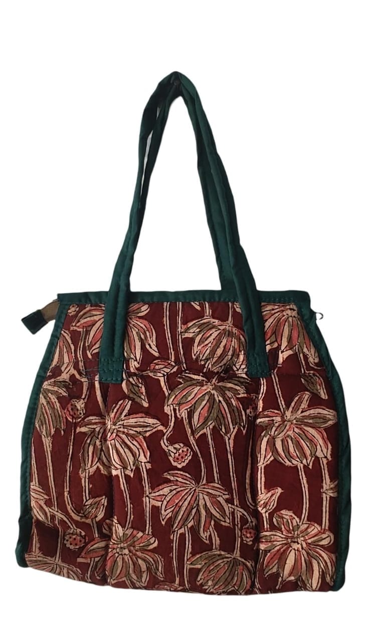 KALANKARI Handcrafted Quilted Cotton Tote Bag with Floral Print and Green Trim