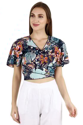 Blue Floral Printed Wrap Around Top-L / Blue