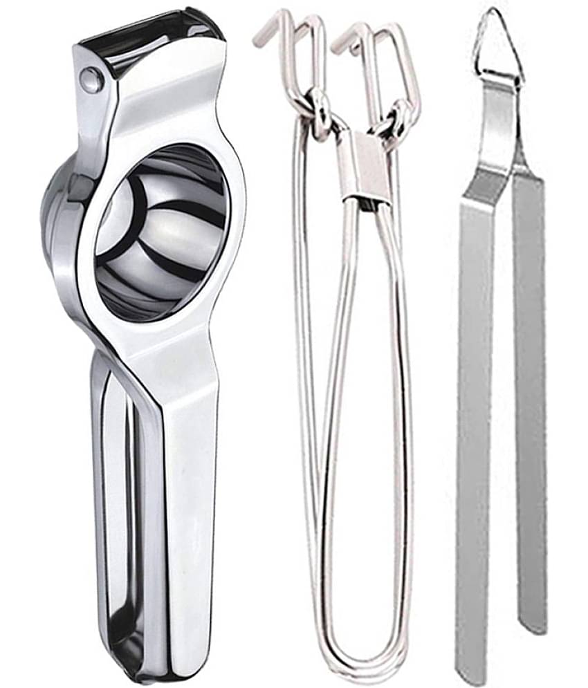 JISUN - Silver Stainless Steel Lemon Squeezer & Pakkad & Roti Chimta ( Set of 3 )
