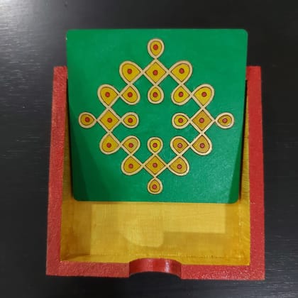 Kalakrishta Handpainted Golden Kollam Coaster Set of 6 with Holder