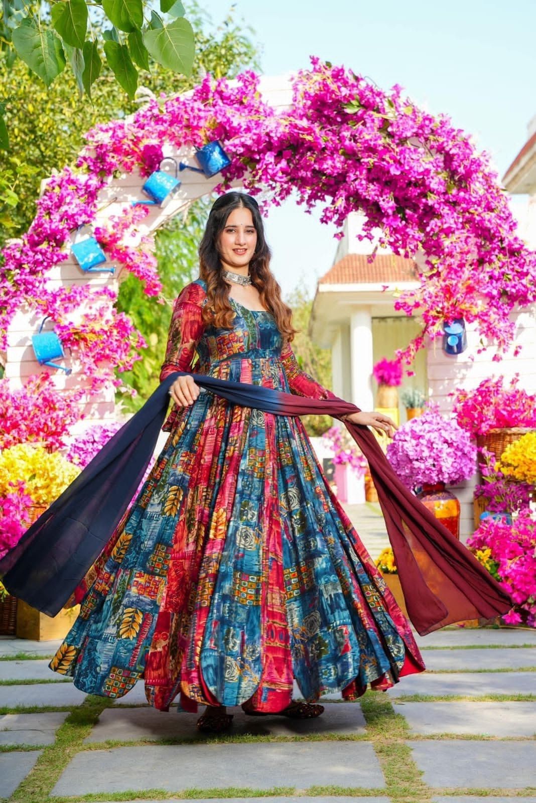 Muslin Digital Print Flair work Kurti Dupatta Set-L(40)
