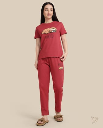 Sloth Printed Co-ord Pants Set-Claret-XS / Claret