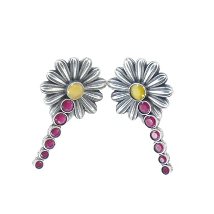 Oxidized Silver Floral Earrings with Ruby and Citrine Stones