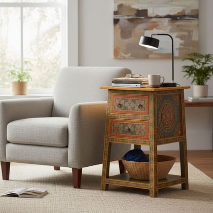 Wooden Handpainted Bedside With Desk Drawer Side