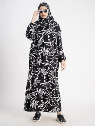 Chic Leaf Print Prayer Gown Black-Small