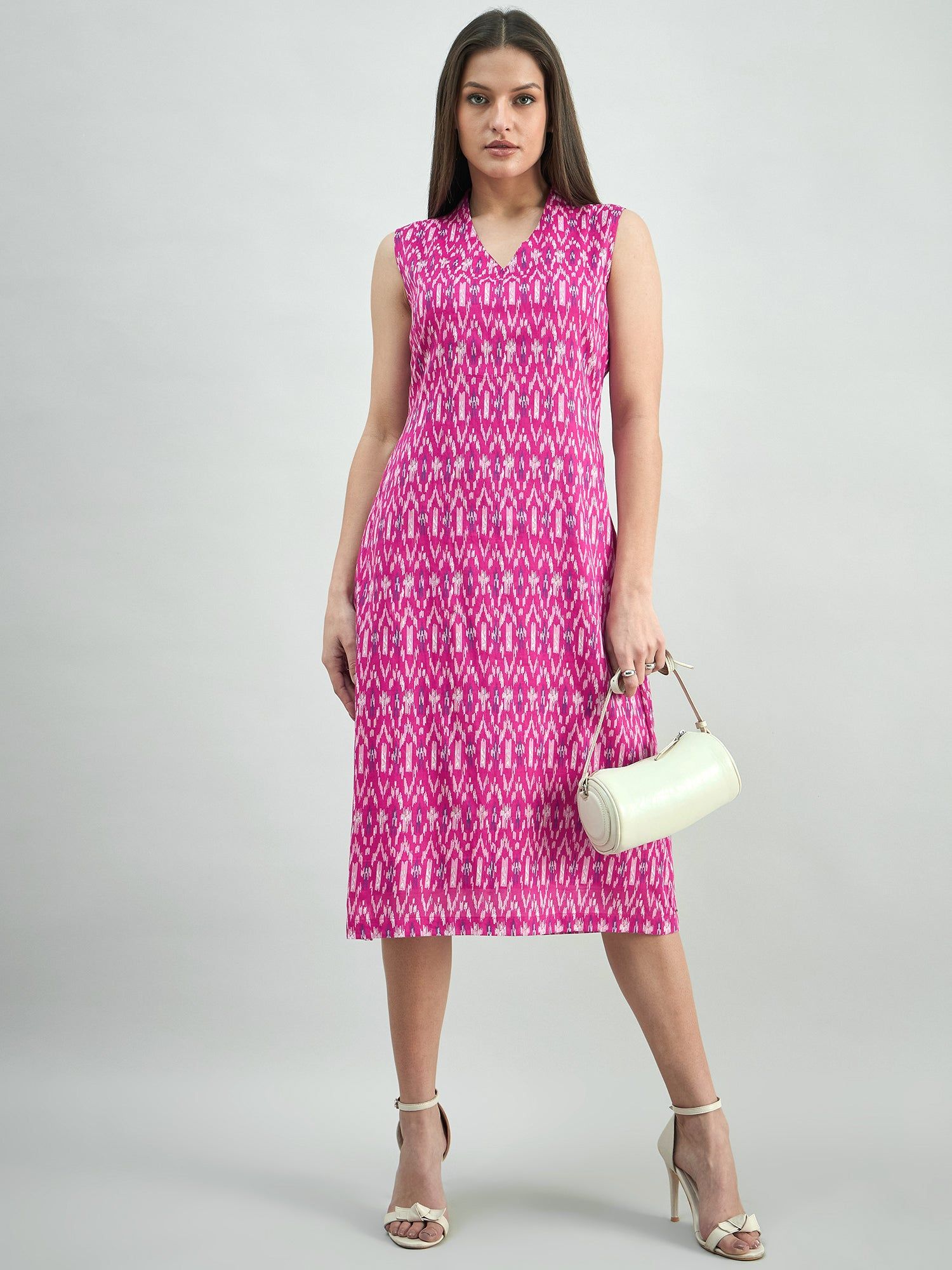 Women Cotton Ikat Print Relaxed Fit A-Line Dress-M