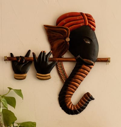 Wrought Iron Bansuri Ganesha Wall Hanging (Orange, Black, Brown)