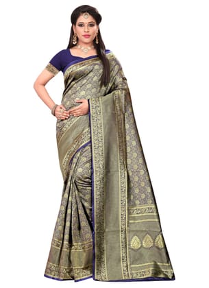 Generic Women's Banarasi Silk Saree with Blouse (Navy Blue, 5-6 Mtr)