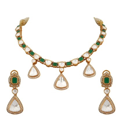 Samaira - Polki and Green Stone Necklace Set-Emerald Green