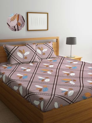 Brown & White Floral 300 TC Fitted King Bedsheet with 2 Pillow Covers