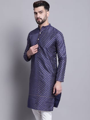 Men's Silk Blend Navy Blue Printed Long Kurta-36