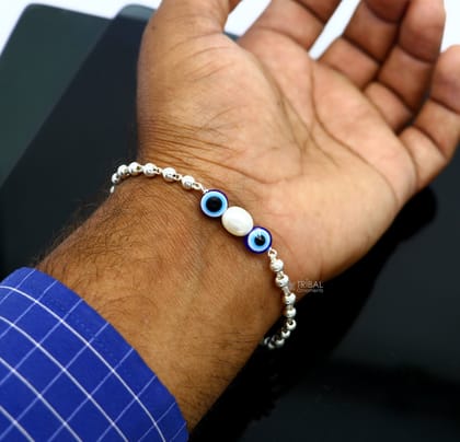 925 sterling silver handmade silver beaded evil eye bracelet, chunky stylish unisex cultural trendy bracelet all sizes jewelry sbr470-5