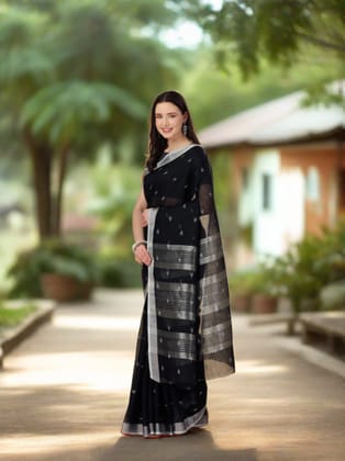 Black Soft Linen Butti Printed Saree