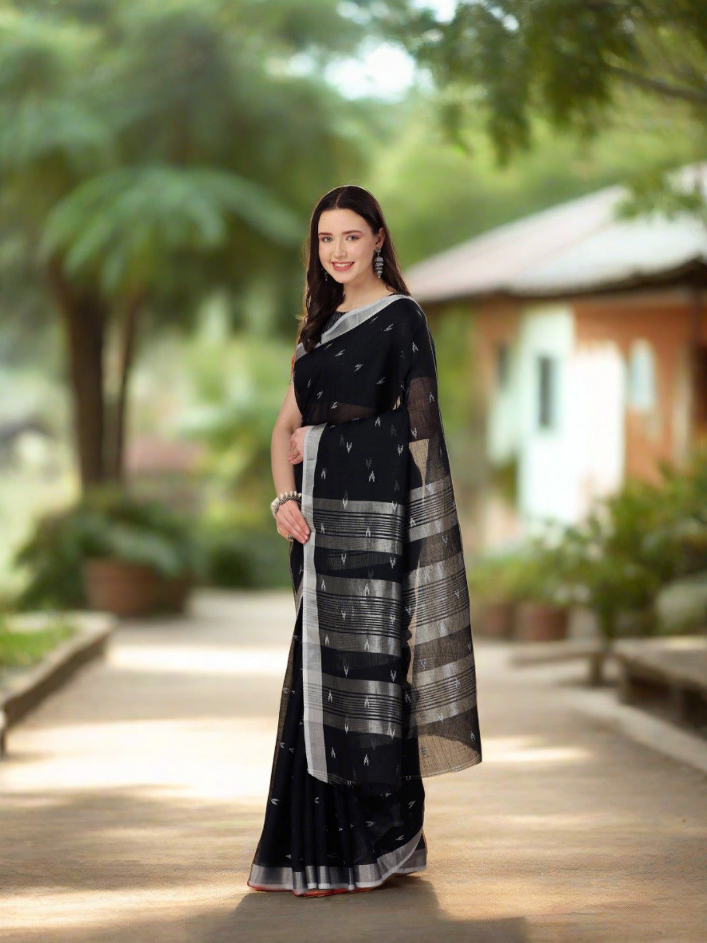 Black Soft Linen Butti Printed Saree
