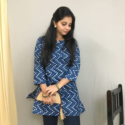 Blue Polka Short  Kurti  - Pure Cotton-38 - M