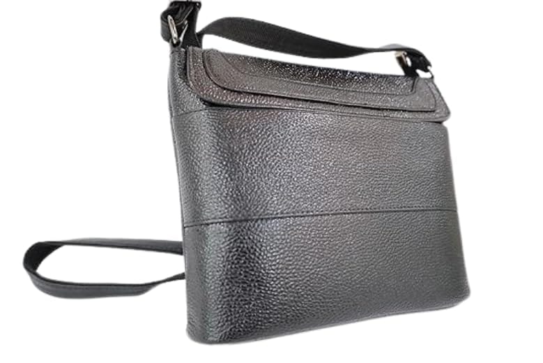 Stylish Black Leather Crossbody Bag, Multi-Compartment Design with Adjustable Strap, Textured Finish