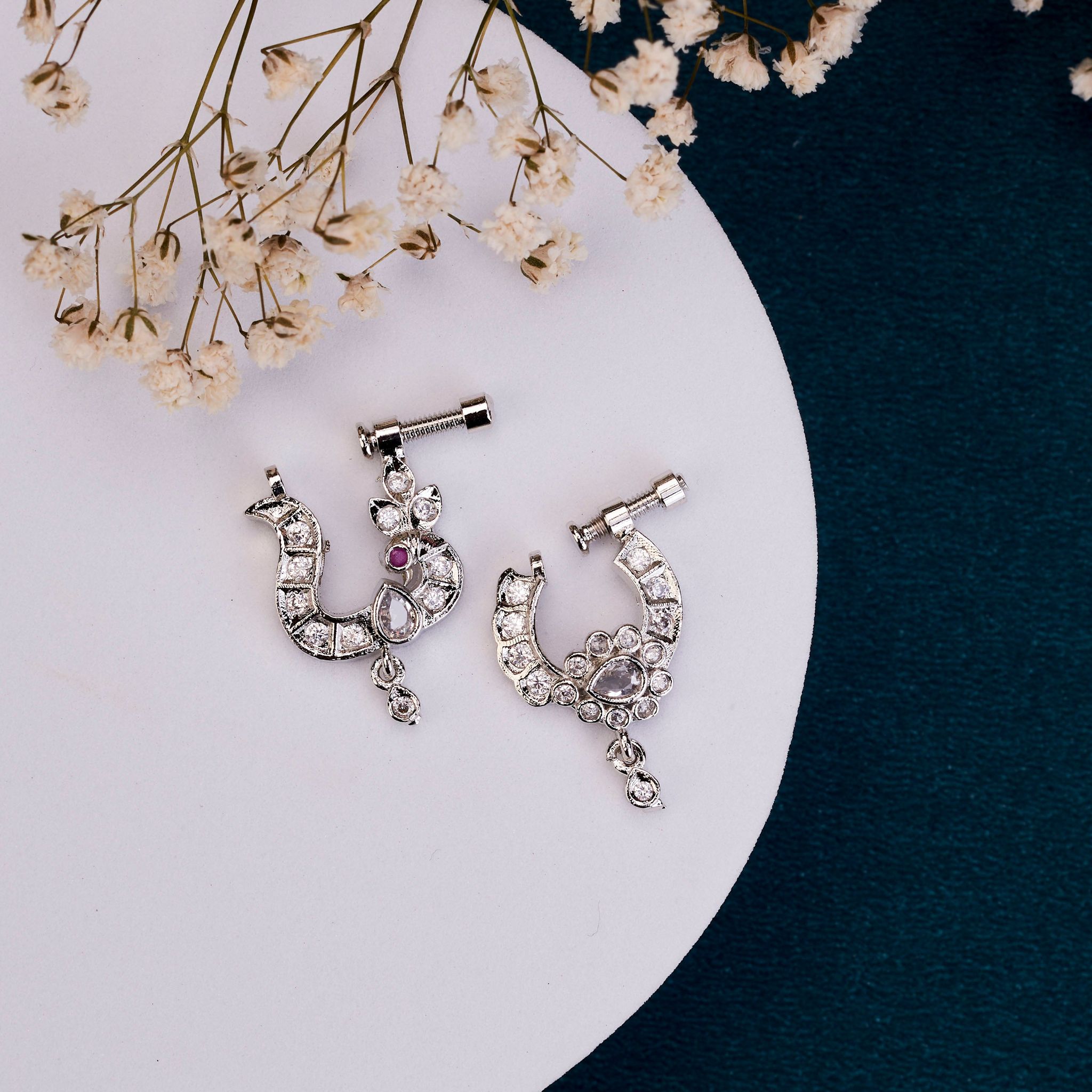 Dazzling Bird-Shaped Rhodium Plated Combo Nose Pin-Red-White / Rhodium