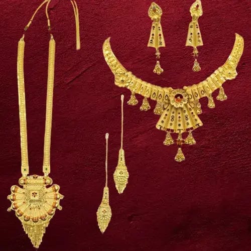 Trendy Gold-Plated Necklace Combo Set with Choker, Long Necklace, and Earrings