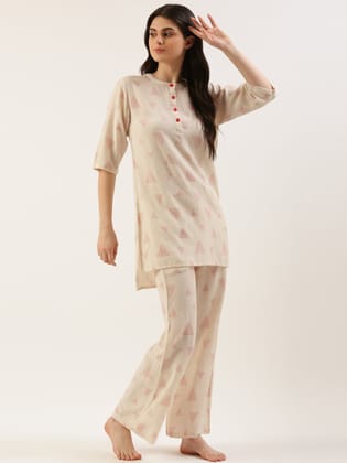 Women Cream Floral Kurta & Palazzo-M