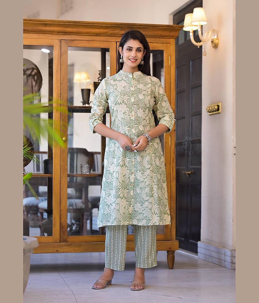 Juniper Women Cotton Printed Straight Kurti With Pants ( Green )