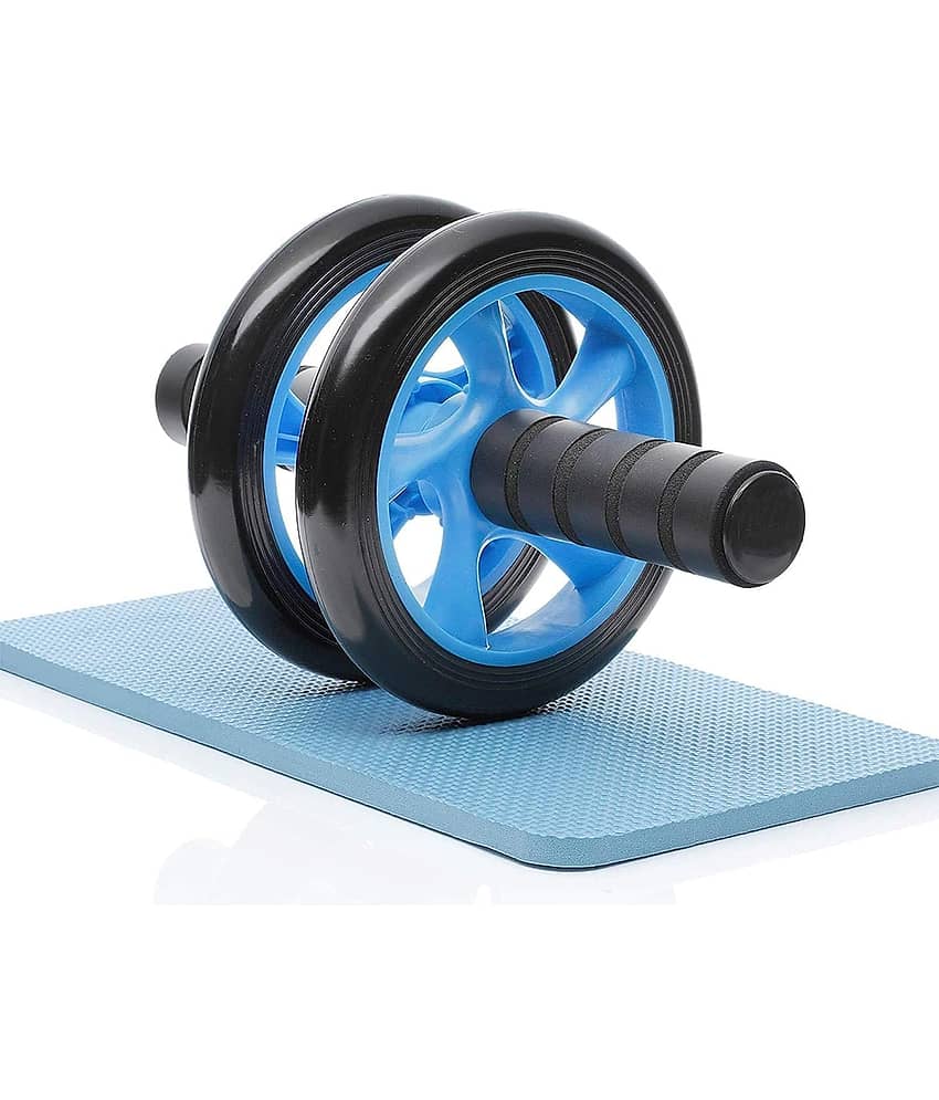 Double Wheel Ab Roller with Non-Slip Handles & Knee Mat Home Gym Abdominal Exercise Equipment Core Workouts for Men and Women (Blue) (Pack of 1)
